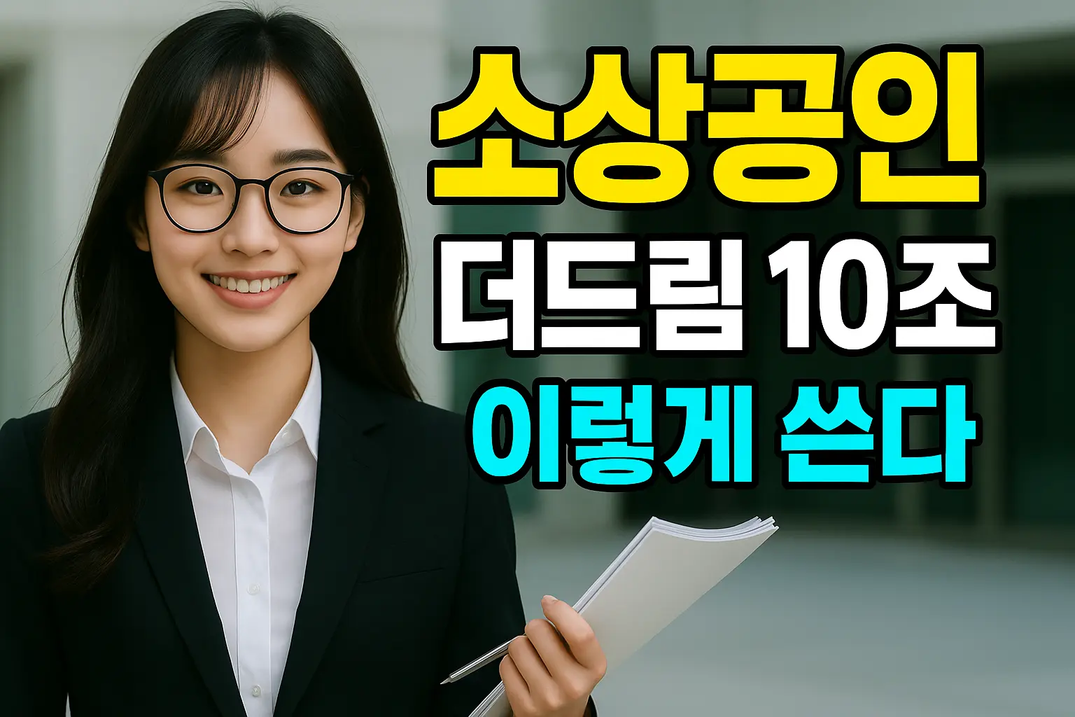 폐업지원 대환대출 확대 서류를 든 여성 컨설턴트가 미소 짓고 서 있고, 오른쪽에 ‘소상공인 더드림 10조 이렇게 쓴다’ 문구가 보이는 사진
