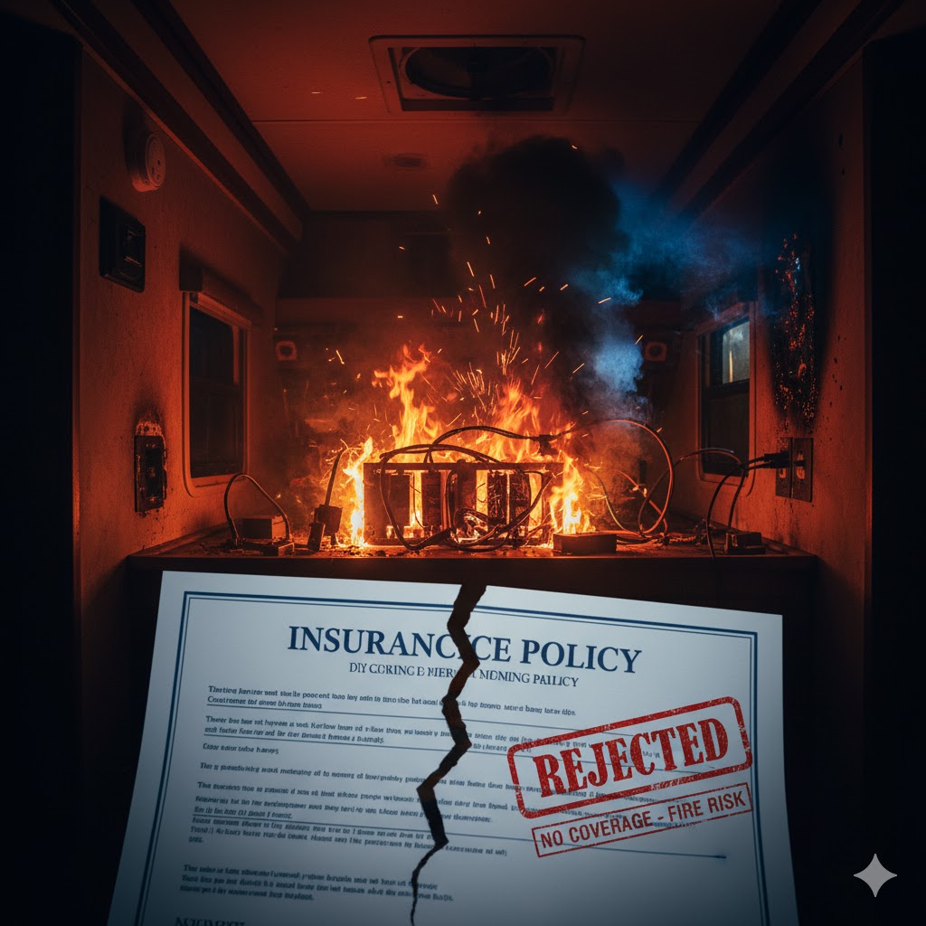 RV보험거부 RV 실내에서 배터리와 전기 배선이 불길에 휩싸여 타오르고 있고, 앞에는 가운데가 찢어진 보험 증서와 ‘REJECTED’ 스탬프가 찍힌 장면