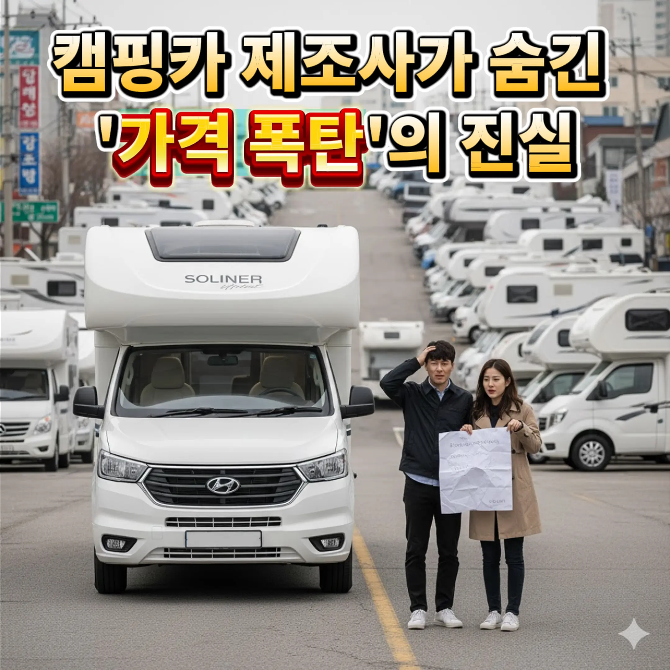 캠핑카 가격 인상 RV 캠핑카 가격 인상에 당황하며 서류를 보는 한국인 커플