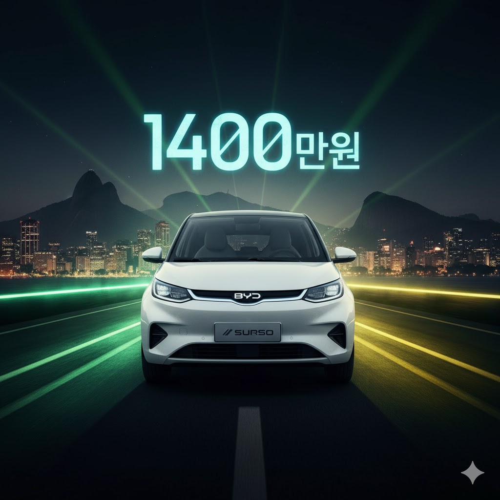 1400만원 전기차 브라질 야경을 배경으로 야간 도로 한가운데 서 있는 BYD 소형 전기차와 상단에 떠 있는 1400만원 가격 그래픽