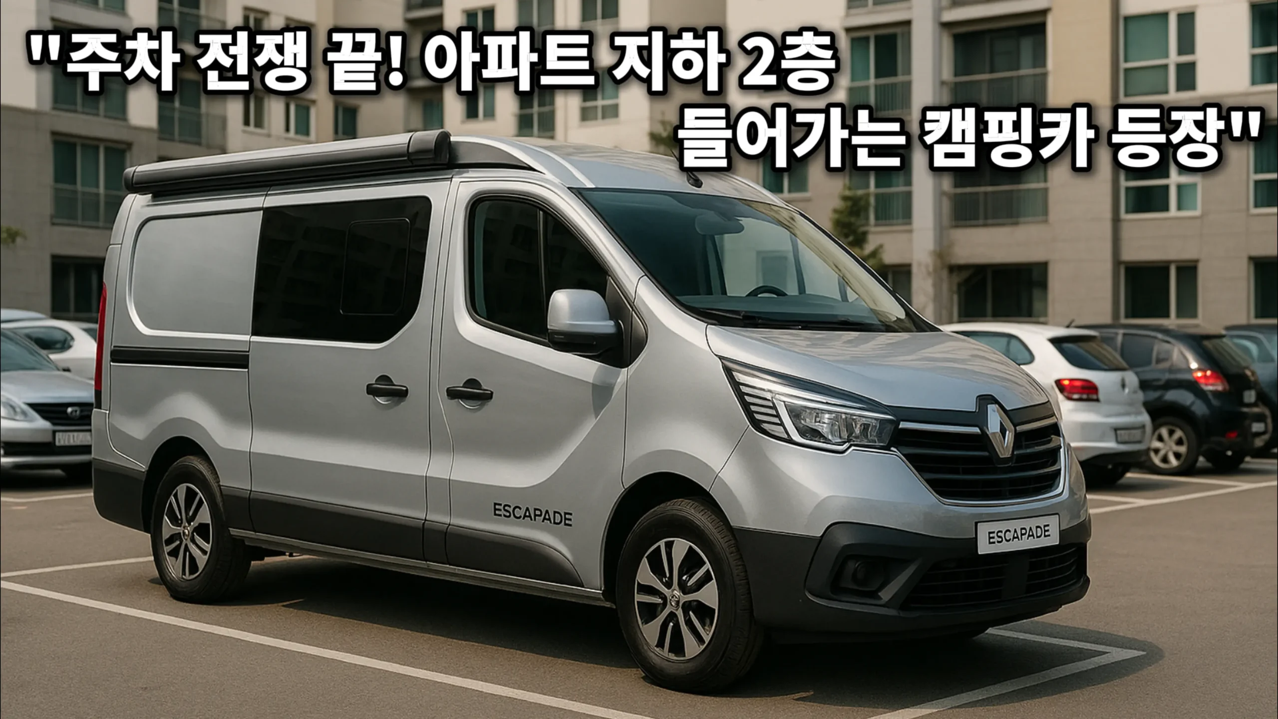 르노 트래픽 이스카파드 아파트 단지 주차장에 자연스럽게 주차된 르노 트래픽 이스카파드, 실버 바디와 순정 실루엣이 ‘주차 걱정 없는 데일리 캠퍼’ 콘셉트를 강조한 실사 사진