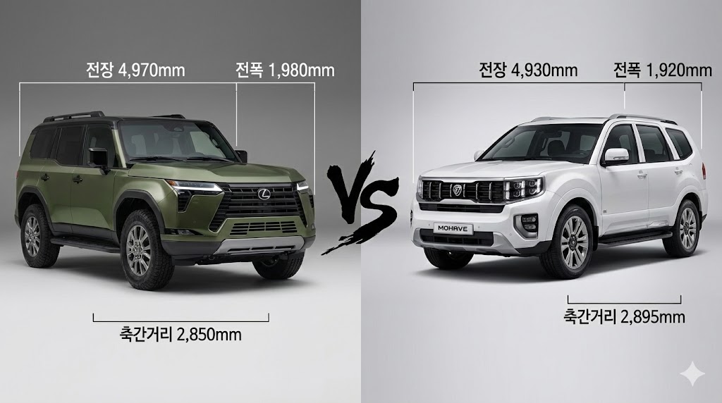 렉서스 GX 550 대 기아 모하비 전면 디자인 및 차체 크기 제원 비교