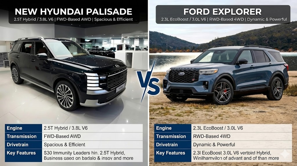 2025 Ford Explorer vs Hyundai Palisade Comprehensive comparison table of 2025 Hyundai Palisade vs Ford Explorer showing engine, transmission, and drivetrain specs.