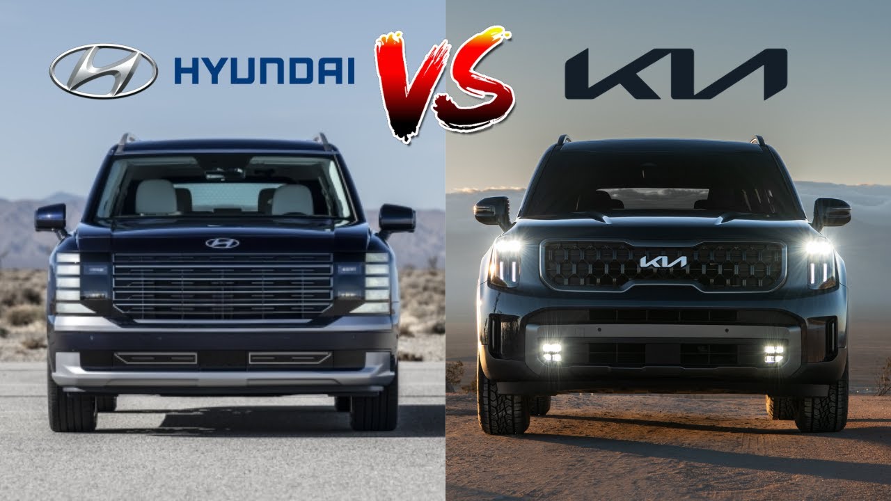 2026 Hyundai Palisade LX3 Frontal comparison of the 2026 Hyundai Palisade and Kia Telluride.
