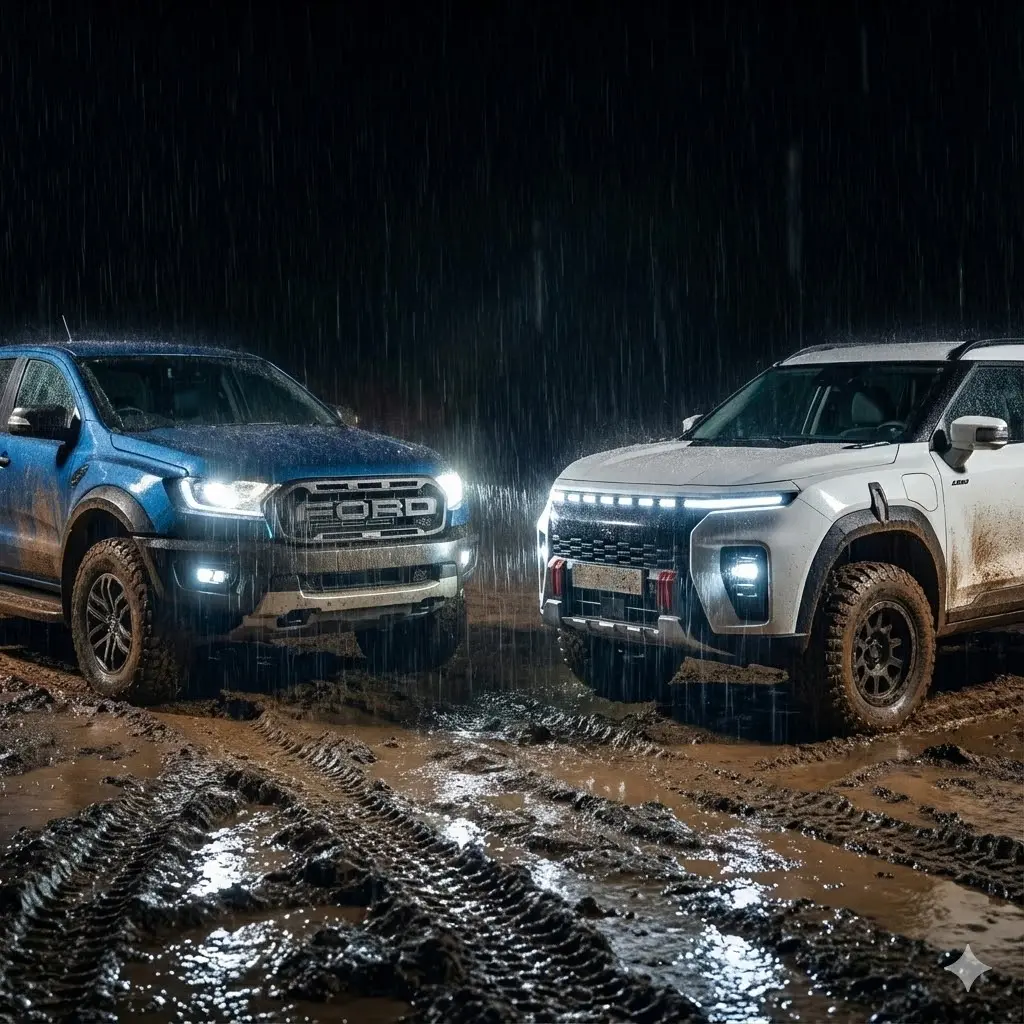 Night scene of KGM Musso Q300 and Ford Ranger facing off in a muddy off-road environment.
