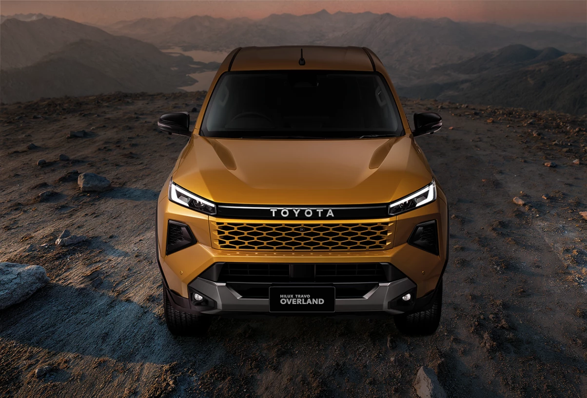 Imposing front view of Toyota Hilux Travo Overland at sunrise.